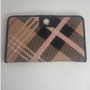 Spartina Pink Plaid Linen and Leather Snap Wallet